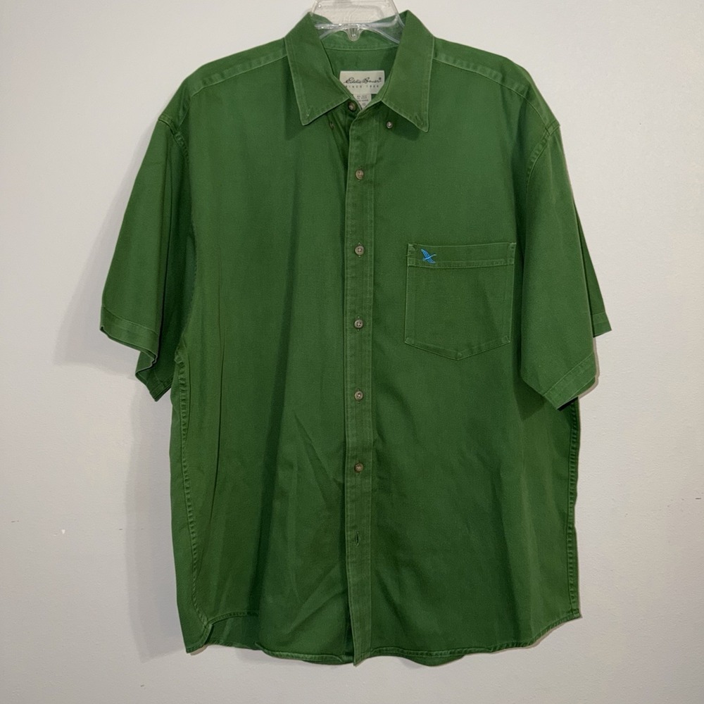Vintage Eddie Bauer Mens Green Button Down Shirt‎ Large Short Sleeve Outdoor